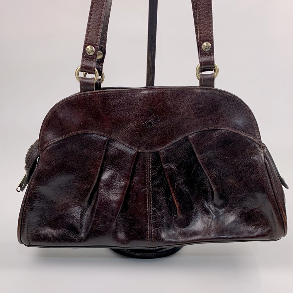 Patricia Nash Dark Brown Leather Satchel Handbag brass hardware lining pockets